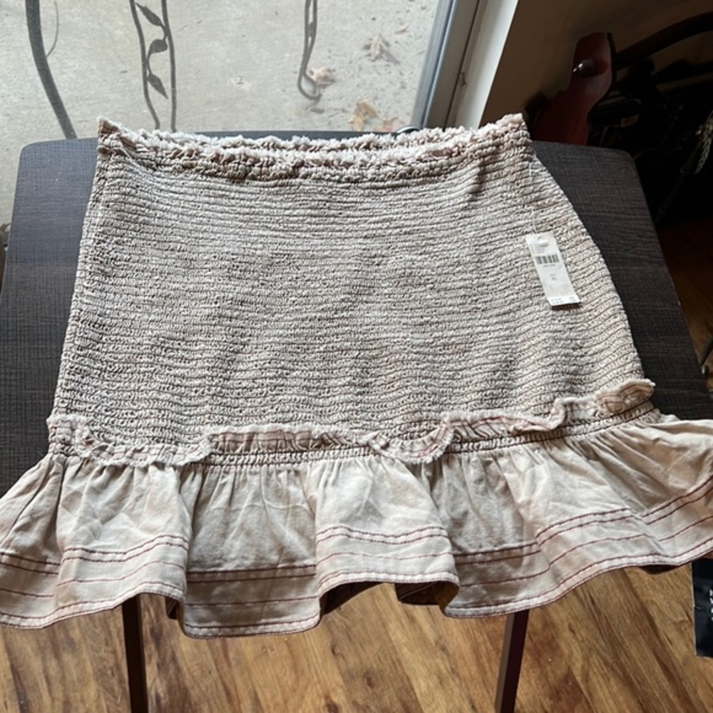 Anthropologie Smocked Skirt with Ruffled Hem Taupe in Color Size XL
